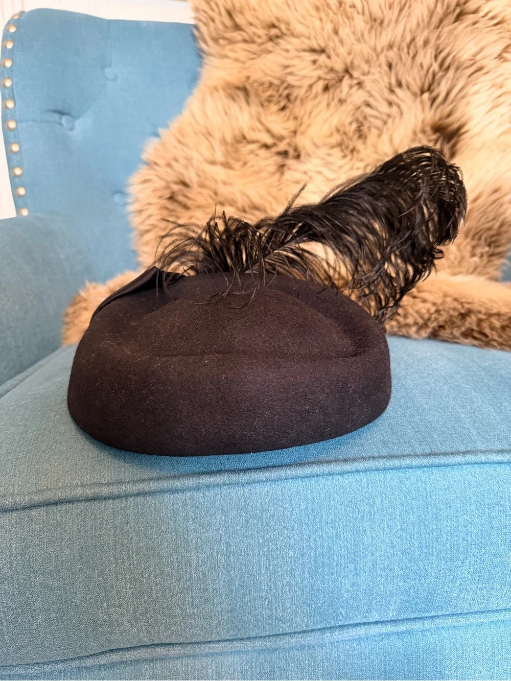 Vintage 1960’s Black Felt Hat with Large Feather and Bow